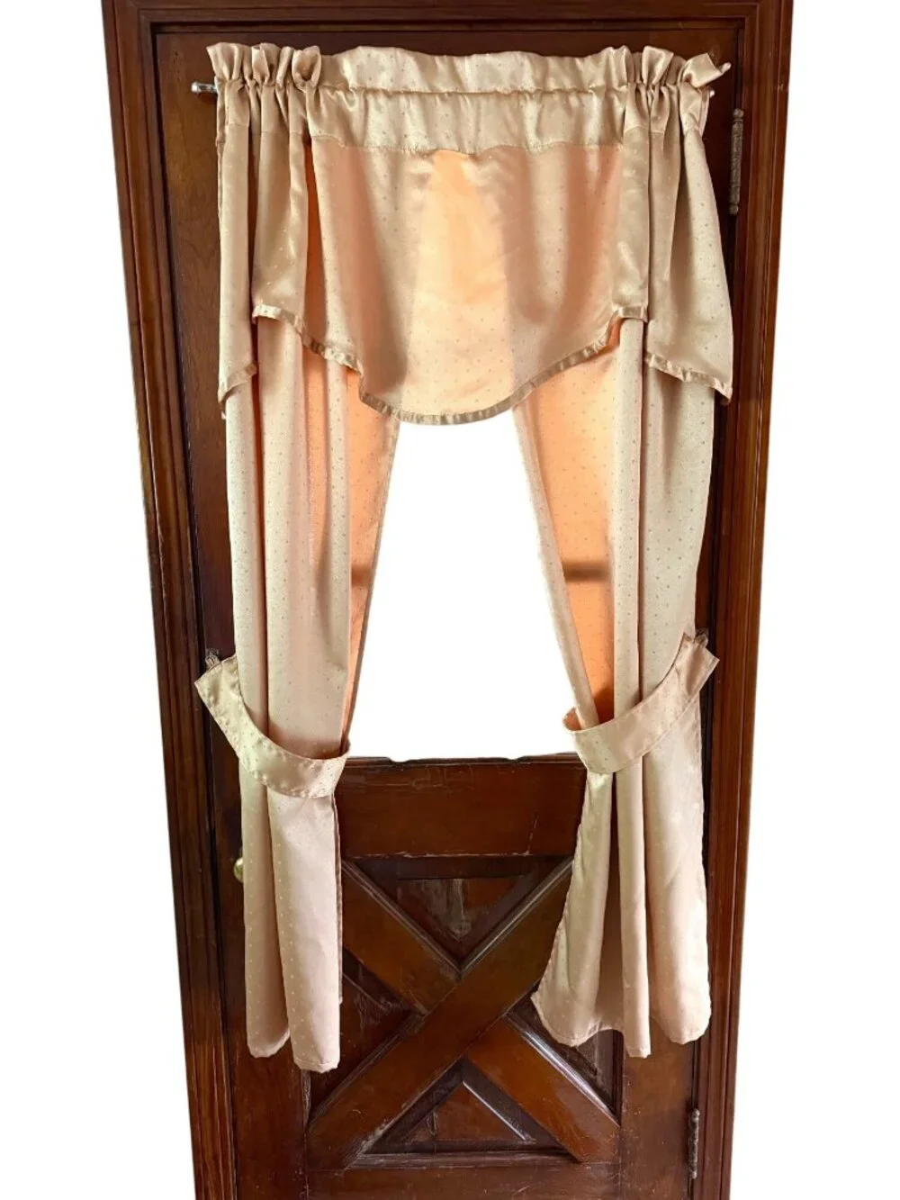 Tan Attached Curtain Set Valance & Tiebacks Diamond Dot Pattern 57.5x59.5